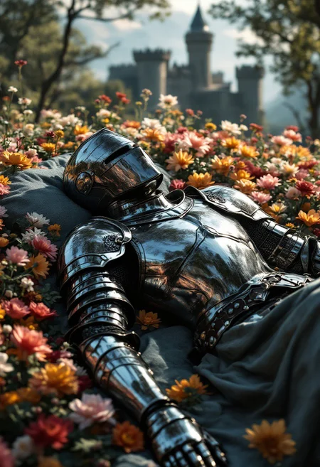 A knight sleeps on a bed of flowers, view of castle behind, reflective armor, ray tracing, beautiful lighting, hd, realism, full body view, zoomed out, arms layed out and body layed out