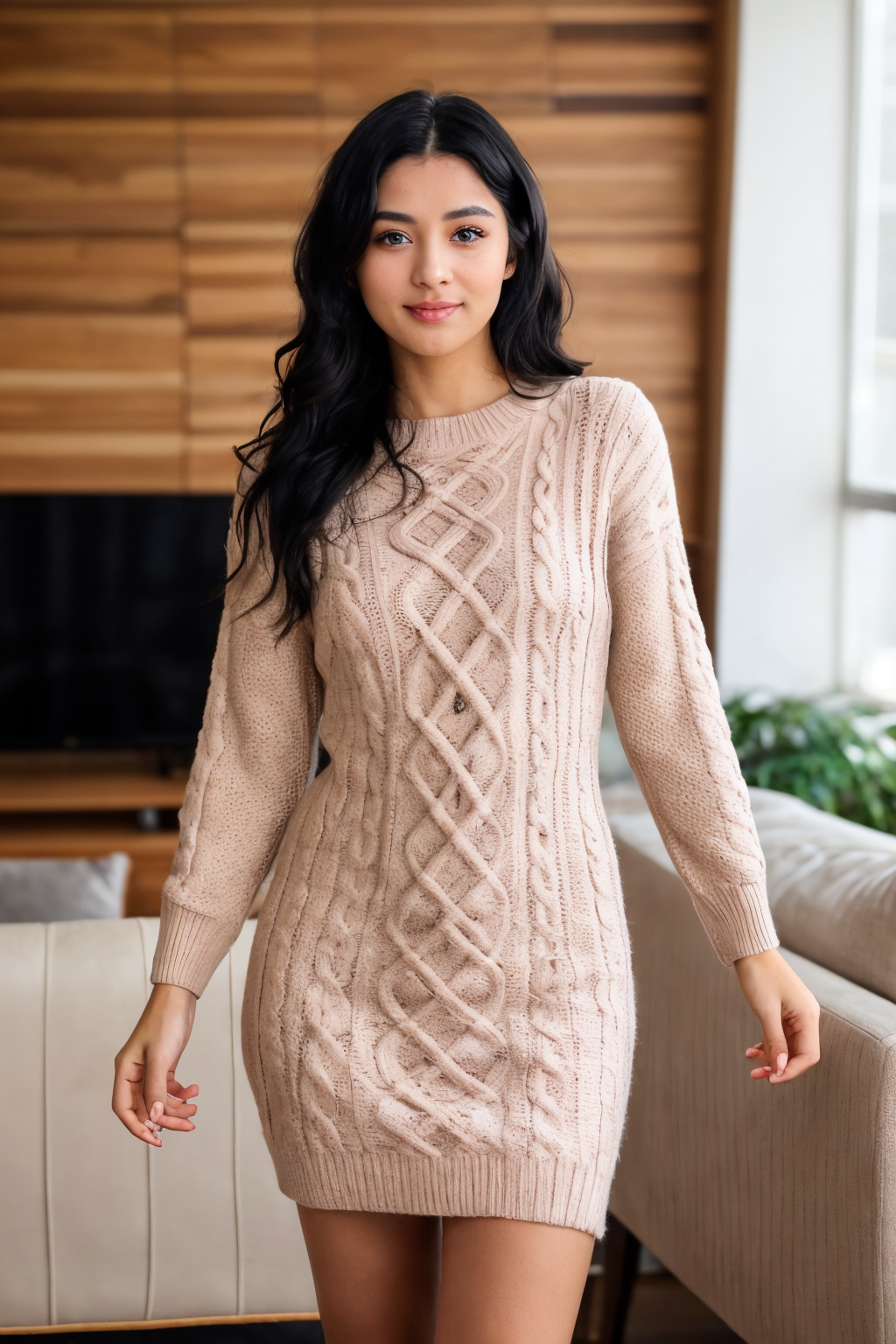 a beautiful college girl with black-hair and blue-eyes, irresistible, standing in living room, ideal cute face, (casual:1.2), wearing tight knitted sweater dress, pale skin, blush, detailed skin, innocent, natural lighting, film grain, retro, (bokeh:1.3), Porta 160 color, shot on ARRI ALEXA 65, sharp focus on subject, Fujifilm XT-3, <lora:picxer_real:0.8>,  <lora:btknswea:0.7>