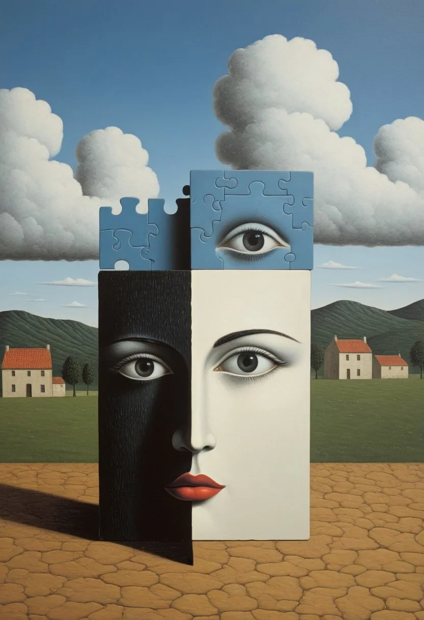 A small European village made of 3D puzzle pieces.
Style tags: Surrealist art, Rafal Olbinski, René Magritte, Jean Arp, Frida Kahlo, Jan van Eyck, William Hogarth, Pierre-Auguste Renoir, Xidong Luo, Kazimir Malevich
