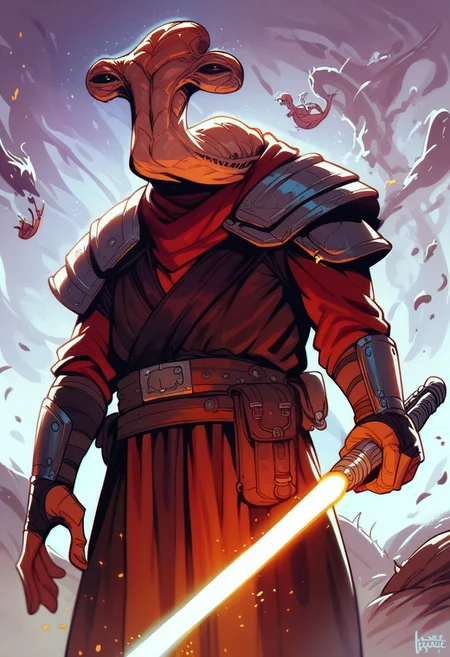 score_9, score_8_up, score_8, score_7_up, score_7, score_6_up, score_6, score_5_up, Score_5, ithorian hammerhead alien, jedi robes, holding an orange  lightsaber, vox machine style, 1boy, male focus, solo, portrait, cowboy shot, in a graveyard at night time background, fantasy, (dynamic lighting:1.1)
((masterpiece))