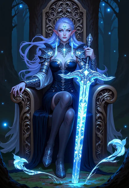 A regal night elf princess from World of Warcraft stands confidently in an enchanted forest, her striking, ethereal beauty enhanced by her commanding presence. She sits on a throne woven from ancient, silvered branches and glowing with faint blue runes, blending seamlessly into the magical surroundings. Her long, flowing hair shimmers with a silvery-purple hue, and her glowing, white-blue eyes radiate wisdom and strength. Delicate markings adorn her face, reflecting her noble heritage and connection to the arcane.
Beside her, she holds a radiant blue glowing sword, its blade gleaming with an otherworldly light. The sword’s surface is etched with intricate elven runes, pulsing faintly with arcane power, and its elegant hilt is adorned with silver filigree and a sapphire gemstone that glows like captured starlight. The sword’s tip rests gracefully against the mossy ground, its aura casting soft, magical light onto the forest floor.
She wears sleek, ceremonial armor, crafted from shimmering silver and accented with glowing blue details that seem to hum with magical energy.
The forest around her is alive with magic—ancient trees with glowing blue leaves form a natural canopy, while luminescent flowers and floating wisps of light dot the landscape.