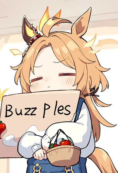 masterpiece, best quality, anime, kawaii, 1girl, orfevre \(umamusume\), horse tail, upper body, chibi, super deformed, =_=, holding basket, habanero pepper, blue overalls, faming, farm <lora:Fixhands_anime_bdsqlsz_V1:1> <lora:UmaDiffusionXL_UAF:0.8>, bored expression, uninterested, disinterested, listless,holding sign with text "buzz pls",