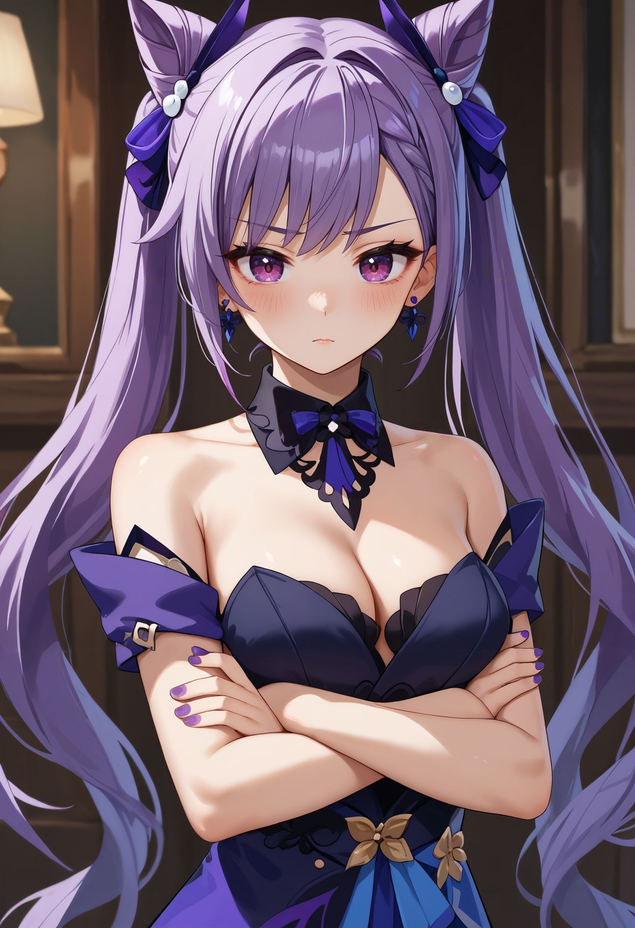 score_9,score_8_up,score_7_up, <lora:keqing_genshin_impact_pdxl_goofy:1>keqingos, 1girl, bare shoulders, blush, breasts, cleavage, cone hair bun, crossed arms, detached collar, double bun, earrings, floating earring, hair bun, hair ribbon, jewelry, medium breasts, nail polish, official alternate costume, official alternate hairstyle, purple eyes, purple hair, purple nails, ribbon, solo, twintails, upper body