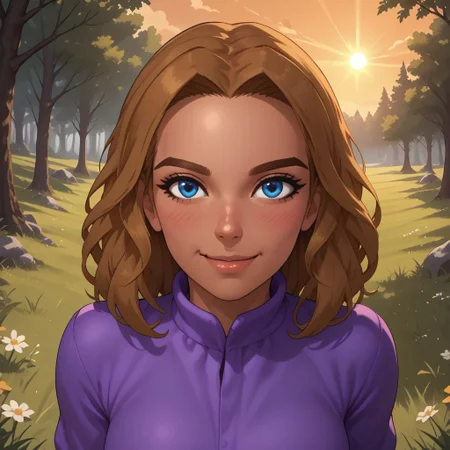score_9, score_8, BREAK, solo, wii, mii, wii sports, 1girl, female mii, dark blonde hair, blue eyes, brown eyebrows, blush, purple clothing, white pants, shoes, breasts, nintendo mii, modern_mii, classic_mii, Alice_(Wii_Sports), cute, dark skin, dark skin female, sexy pose, self portrait, smile, outdoors, sunlight, shadows, evening lighting, natural lighting, forest, trees, grass, orange sky, sunset