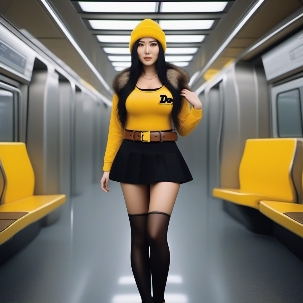 cinematic photo full body asian  woman with long black hair, ((large breast)), ((brown bobble hat)) wearing a yellow shirt with text ''DOG'', brown belt, (((black hightighs))), black miniskirt, white fur collar, in the metro  <lora:KurohaMitsu1024:0.8>