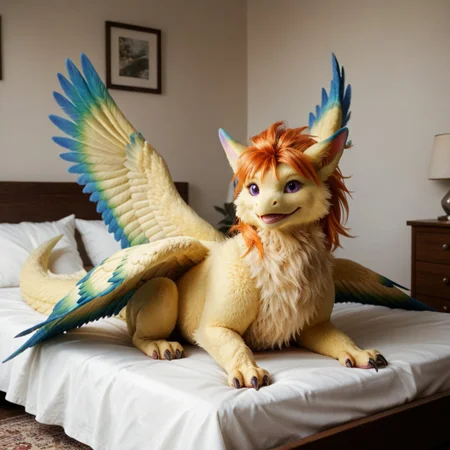 score_9, score_8_up, score_7_up, score_6_up, score_5_up, score_4_up, masterpiece, high quality, realistic, detailed, best quality, white bed, solo, rating_safe, source_furry, bedroom, smiling, seductive, looking at viewer, full body, detailed eyes, flammie_mana, dragon, furred dragon, feathered wings, (multiple wings, four wings:1.5), color tipped wings, tail, claws, yellow fur, orange hair, brown underbelly, blue tipped wings, purple eyes, feral, 1girl, female