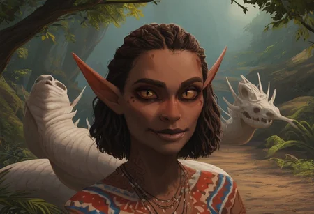 safe_pos, group, feminine, bosmer woman, fit body, bone masks, carved masks, painted masks, random face, colorful skin, pale black skin, strong jawline, angular facial features, asymmetrical features, wide nose, fur mantle, rough leather clothes, female, archer's physique, joking demeanor, slightly pointed ears, pinned back ears, long face, very short ears, curved ears, scalloped ears, short ears, firbolg nose, uncanny features, snake nose, reptilian nose, realistic, long face, bosmer, alien, elongated head, flat nasal ridge, elongated skull, bony nose, slit nostrils, aquiline features, medium body hair, dunmer, creature, bony dermal ridges, rough complexion, body tattoos, native american tattoos, medium breasts, natural breasts, shapely figure, chiseled features, athletic build, weathered skin, large nose, animated realism, zoomed out, Inuit features, sage colored skin, pale skin, copper and jade clothes, dark orange sclera, saurian pupils, horizontal pupils, cuttlefish eyes, narrow eyes, dark red pupils, very slanted eyes, squinted eyes, double lidded eyes, eye membrane, slanted brows, bony brows, highly detailed, defined features, looking at viewer, from side, full body, zoomed out, dynamic lighting, 29 years old, light and shadows, jovial expression, expressive eyes, smiling, laughing, Native American pattern leather clothes, medium hair, elegant hairstyle, tribal hair, wavy hair, thick hair, braided hair, wild cut hair, semirealistic, alien elf, mongolian features, slavic features, aztec features, vibrant hair, colorful hair, sharp features, high detail, absurdres, intense eyes, detailed eyes, dark orange eyes, paleolithic clothes, Crowded village, dense redwood forest, intricate fur tents, bone furniture, masterpiece, Vilontrebramb, tree, outdoors, scenery, tree houses, elegant architecture