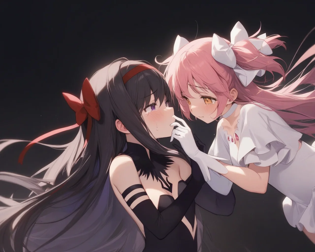 masterpiece,best quality,very aesthetic,absurdres,<lora:magica_2girl:1>,hair_ribbon,short_sleeves,tears,ultimate_madoka,akemi_homura,akuma_homura,hair_bow,finger_to_mouth,teardrop,strapless_dress,pink_bow,red_ribbon,eye_contact,white_choker,sleeveless_dress,black_dress,gradient_background,kaname_madoka,2girls,black_background,red_bow,white_dress,hand_on_another's_face,elbow_gloves,