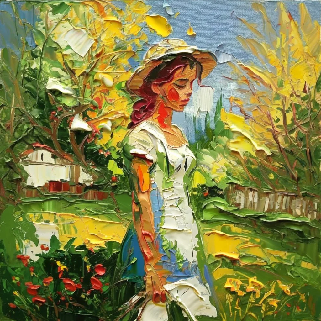 impasto girl in garden<lora:impasto:1>