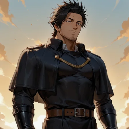<lora:Yami_Sukehiro__Black_Clover_Delegated_Roles-000009:.7>, Yami Sukehiro, stubble, facial hair, black hair, brown eyes,, black capelet, black wrap skirt, brown leather belt,
(very short hair, beard, bara, mature, facial hair, stubble, beard, full beard, sideburn, beard, a lot of beard, ), facial hair,male focus, muscular male, muscular male, bara, mature,  bara, mature, aixiwuganda_(20222192), very awa, masterpiece, best quality, absurdres, newest, perfect quality, detailed background, intricate details,
<lora:slider_Body Type_alpha1.0_rank4_noxattn_last:3><lora:style_Anime Summer Days 2 Style SDXL_LoRA_Pony Diffusion V6 XL:.6><lora:slider_cfg_scale_boost:.7><lora:Artist6p:.55>, Artist6p, Artist04p,<lora:slider_il_brightness_slider_d1:-1><lora:slider_il_contrast_slider_d1:-1><lora:slider_DarkSlider1.2_alpha1.0_rank16_full_300steps:-.6>