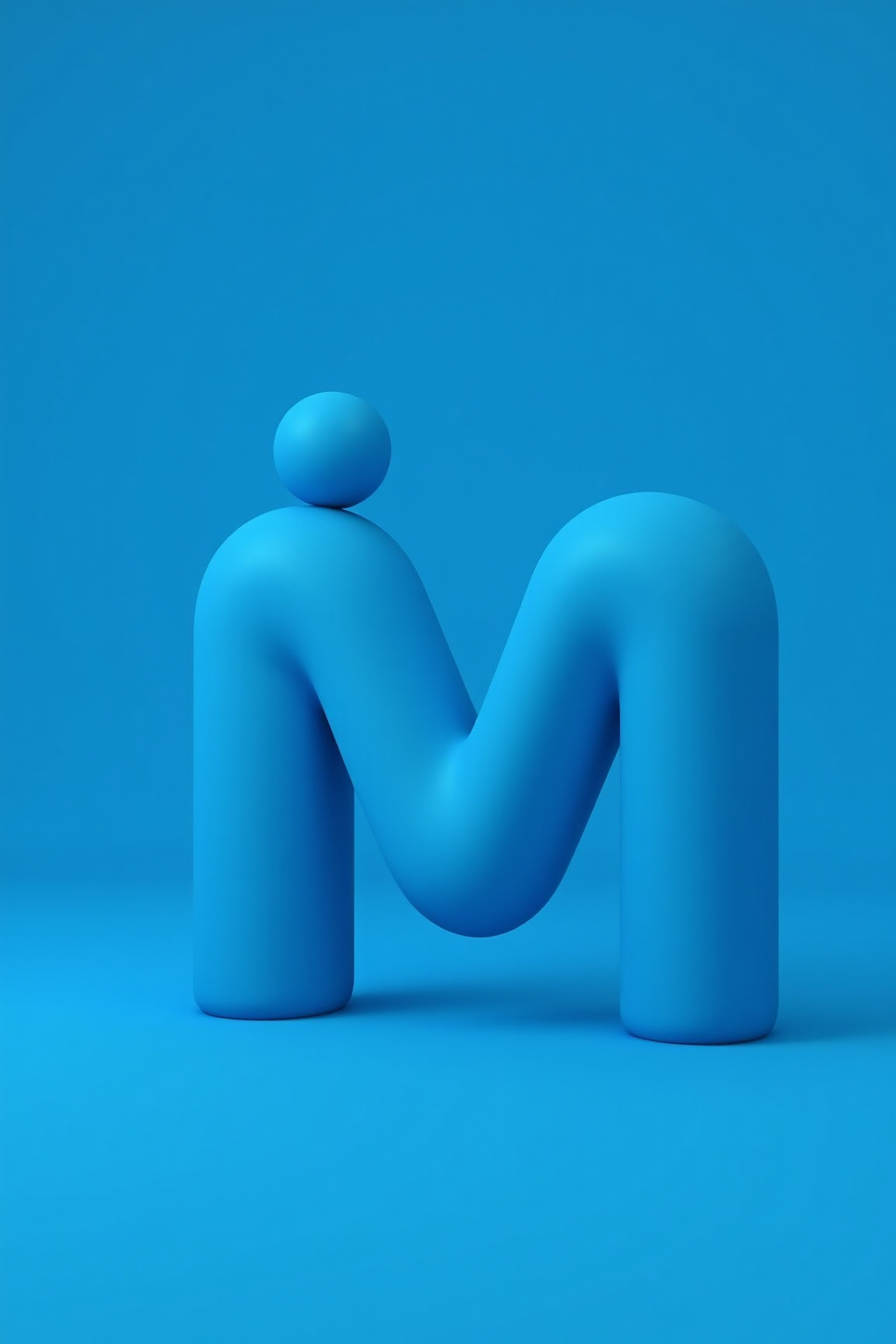 , YFG-Ge0m a blue 3d letter m with a ball on top of it, set against a blue background. the letter m is in the center of the image, with the ball placed on top.