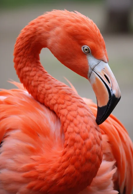 Close-up portrait of a flamingo with its neck curved in an S-shape, facing right. The flamingo has vibrant red feathers with a slight pinkish tint, a long, slender beak that is white at the base and black at the tip, and striking green eyes. The background is blurred, emphasizing the flamingo's detailed feathers and graceful pose. c0l0rw0rldd <lora:color-world:1> <lora:FluxDFaeTasticDetails:0.8>