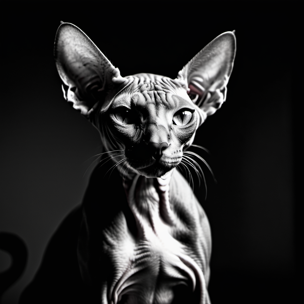 cinematic photo a black and white photo of a sphynx cat, in the style of mario testino, contrasting lights and darks, paolo veronese, glamorous hollywood portraits, marc chagall, animated film pioneer, pentax 645n,deepdarkstudio,dark black background with a white gradient around the man,((high contrast:2)) <lora:Deep_Dark_Studio_XL-000003:0.5 . 35mm photograph, film, bokeh, professional, 4k, highly detailed