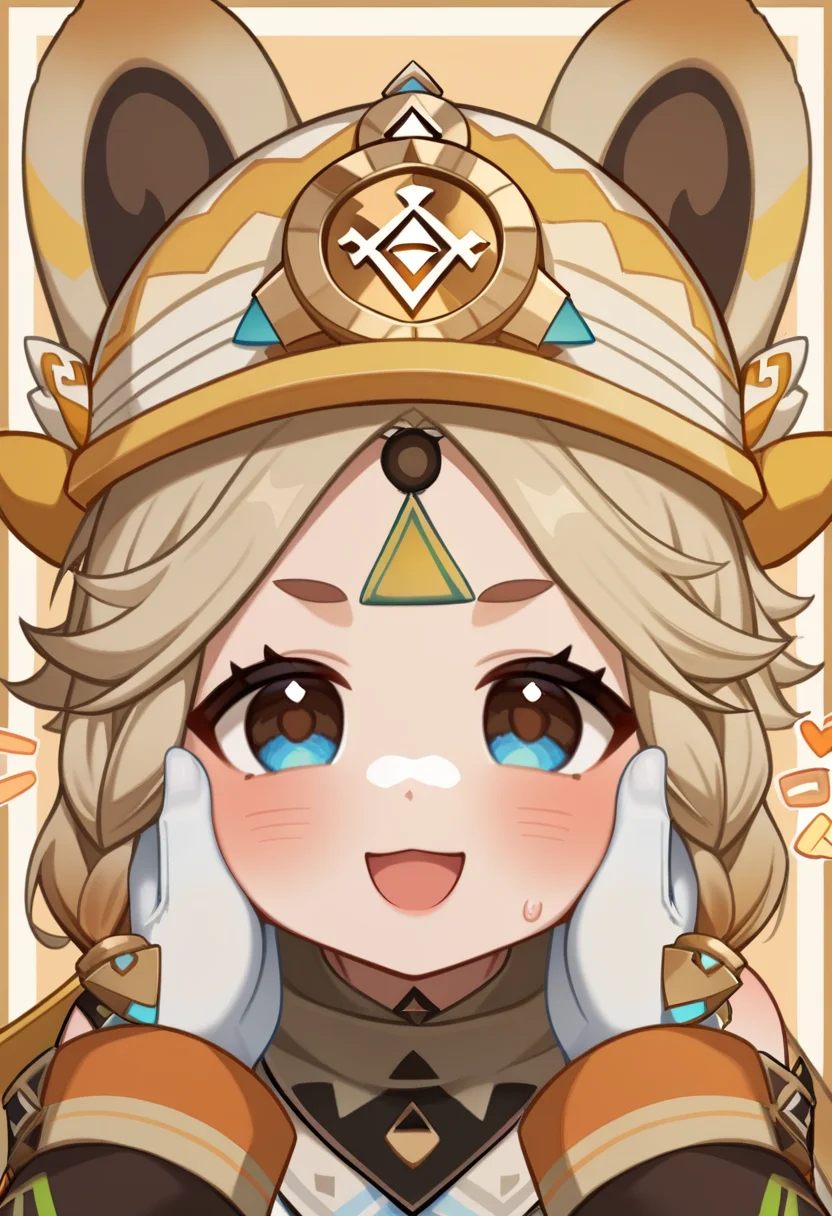 <lora:kachina_(genshin_impact):1>,kachina_(genshin_impact), blush, solo_focus, :3, >_<, 2girls, sweatdrop, open_mouth, white_gloves, speech_bubble, hands_on_another's_cheeks, looking_at_viewer, chibi, 1girl, helmet, smile, border, pov