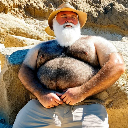8k portrait photo of a huge man leaning against a rock on a sandy beach, side view, huge bushy white beard, very hairy,  white chest hair, white arm hair, shorts, hyperrealistic, sunlit, shadows<lora:Hairy_Male_Extreme-000009:1>