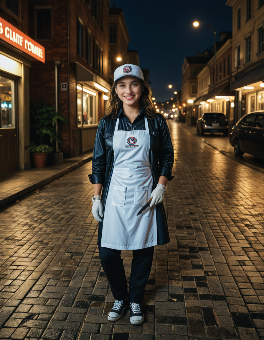 cowboy shot, looking at viewer,female_focus, medium close-up,,A woman wearing a Plastic apron, jacket, trousers, gloves, cap, knife, non-slip shoes ,stands confidently in a bustling city street at dusk. The streetlights cast a warm glow on the pavement, and neon signs flicker in the background. The personâs white gloves contrast sharply against the dark outfit, adding a touch of elegance. A light evening mist rises from the ground, creating a cinematic atmosphere. Pedestrians pass by, some glancing curiously at the well-dressed figure. The cityscape features modern and old architecture, blending tradition with contemporary urban life.
<lora:SDXLFaeTastic2400:0.4> <lora:extremely_detailed:0.4> extremely detailed, Masterpiece,best quality,hi res,8k,hi res,8k,award winning,(sharp focus, intricate, highly detailed),