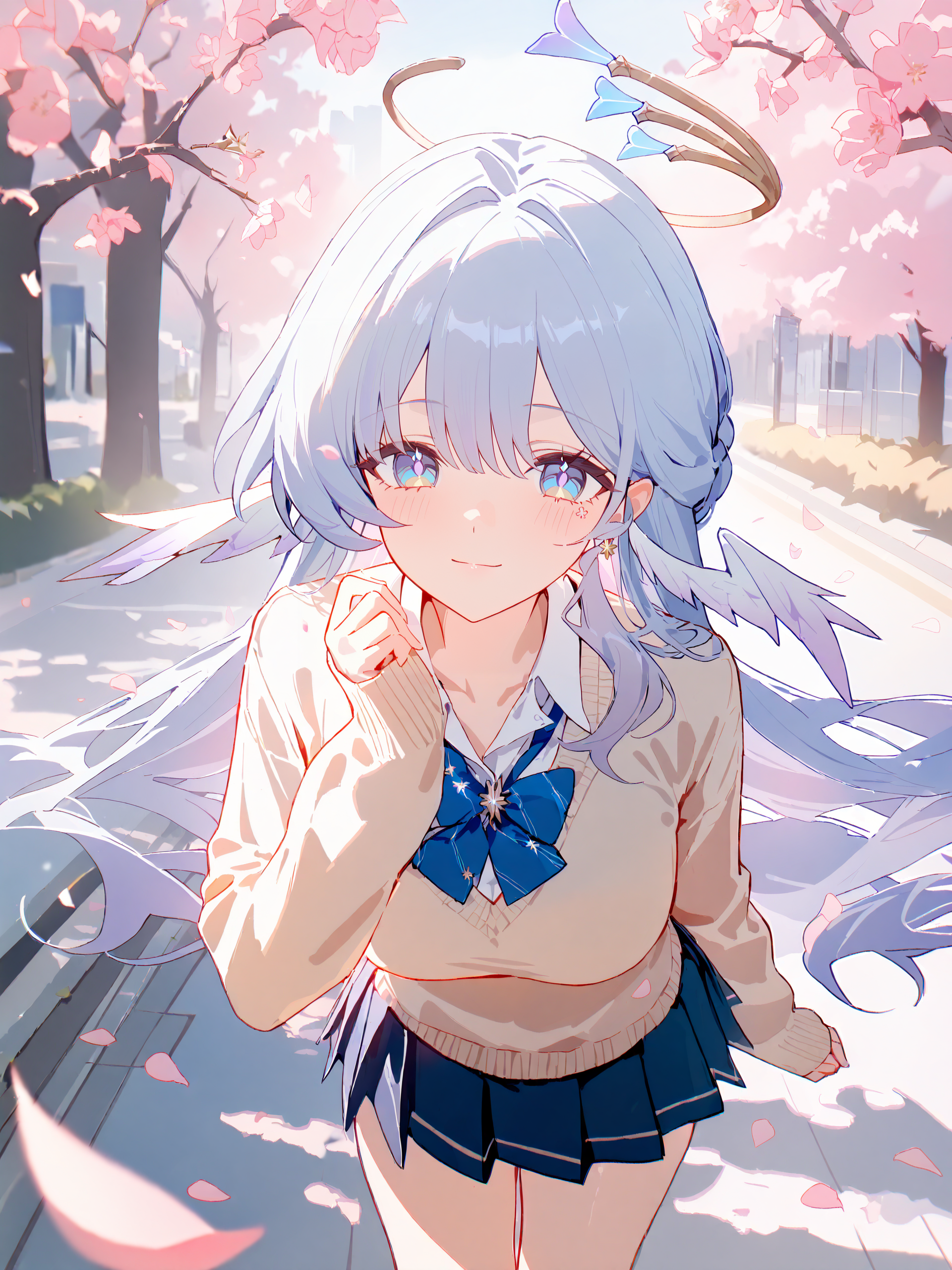 masterpiece, high score, great score, absurdres, (ask \(askzy\), hiten \(hitenkei\):0.5), <lora:Char-HonkaiSR-Robin-V2-XL:1>, 1girl, solo, robin \(honkai: star rail\), halo, head wings, solo, school uniform, white shirt, sweater, pleated skirt,  light smile, looking at viewer, outdoors, street, cherry blossoms, petals, depth of field