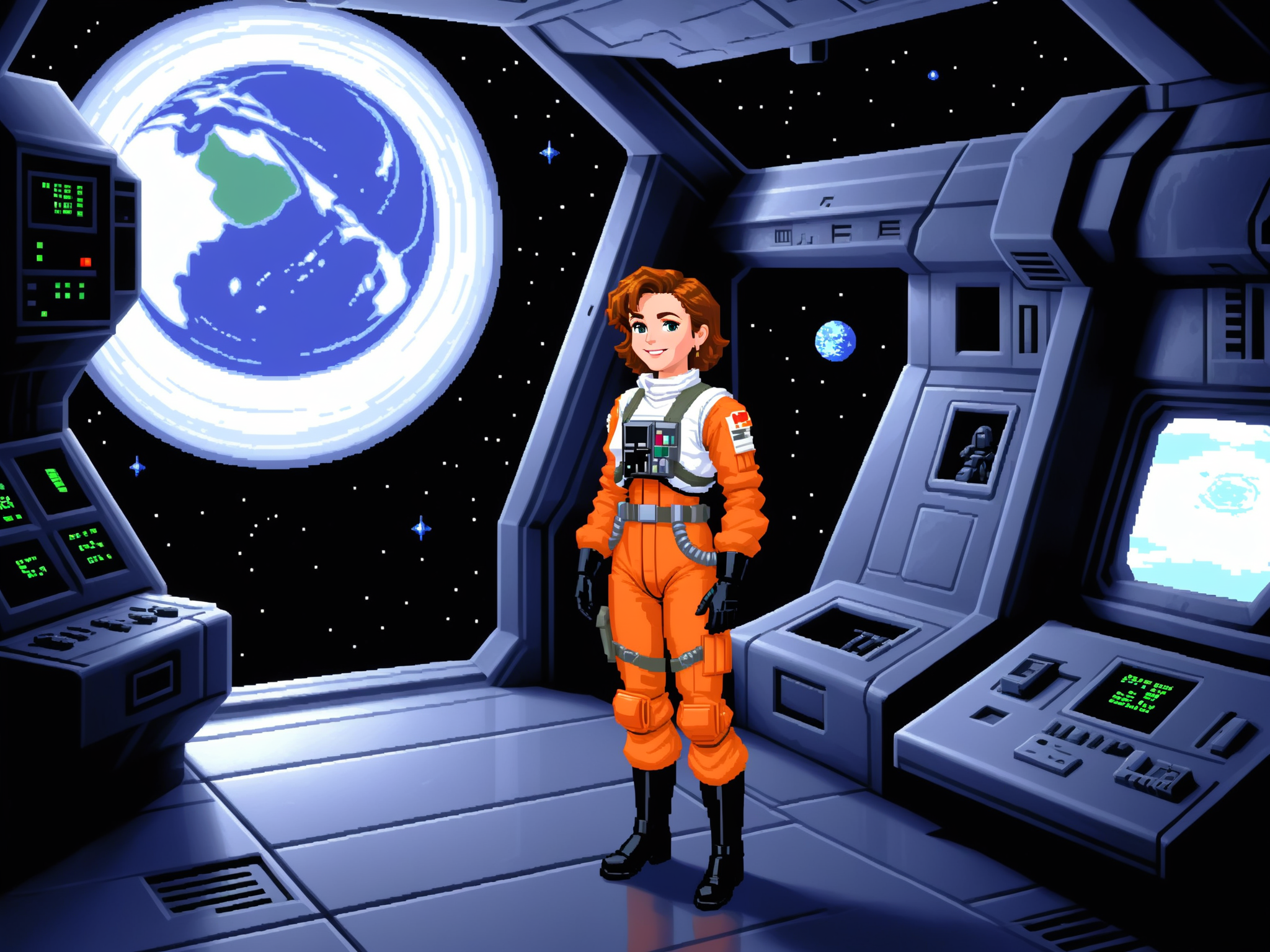 game art, pixel art, lucasarts adventure game. lcas artstyle,woman in rebel pilot suit,hangar,smiling<lora:RebelpilotXL:0.6> <lora:Lucasarts Artstyle - (Trigger is lcas artstyle):1>