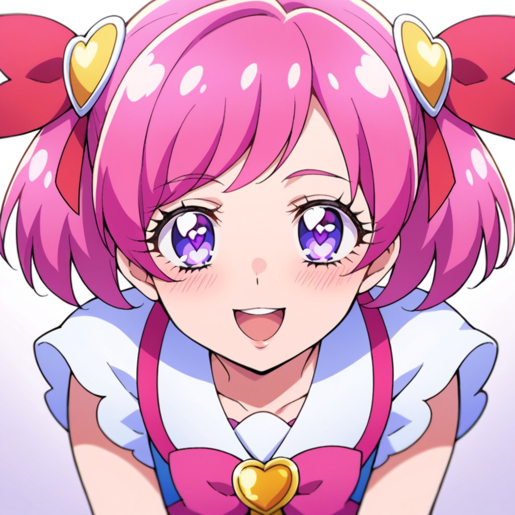 score_9, score_8, score_7, source_anime, 1girl, solo, pretty cure, POV, looking at viewer, blush, smile, open mouth, upper teeth only, pink hair, twintails, purple eyes, short hair, short twintails, hair ornament, heart brooch, hair ribbon, jewelry