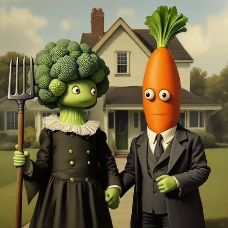You are an assistant designed to generate superior images with the superior degree of image-text alignment based on textual prompts or user prompts. <Prompt Start> a vintage portrait painting in style of Grant Wood of a stuffed broccoli toy  wearing a dress and a stuffed carrot toy  with tiny eyes wearing a suit standing holding hands in front of a house, the carrot is holding a pitchfork