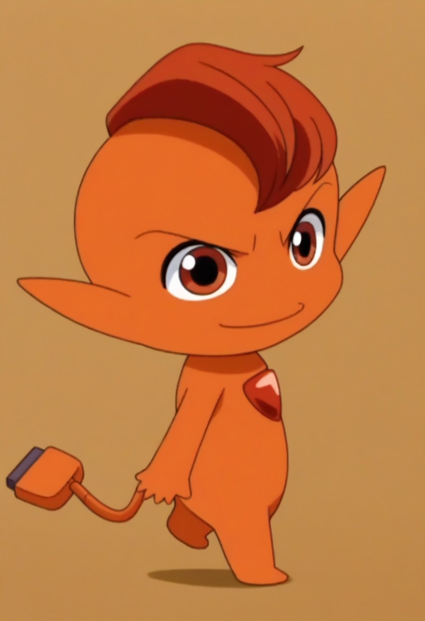 solo, no humans, pokemon(creature), brown eyes, 1boy, male focus, full body, orange skin, red eyes, tail, orange eyes, pointy ears, flame-tipped tail, red hair, closed mouth, smile, simple background, high quality