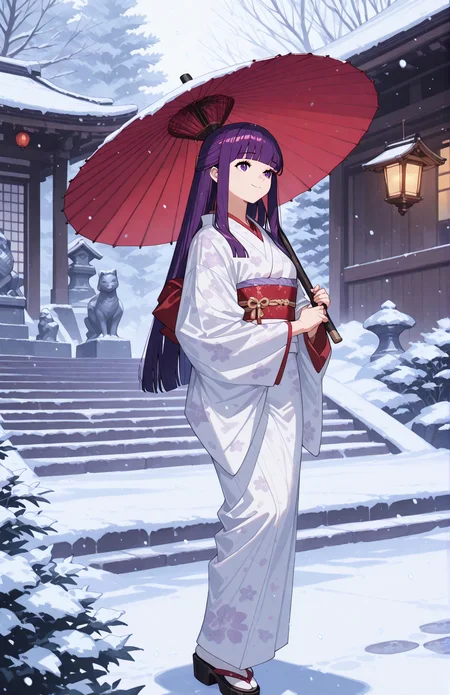 perfect quality,high quality,masterpiece,best quality,amazing quality,very aesthetic,absurdres,Cinematic Lighting,newest,Tactical use of shadow,
FERNCYQL,1girl,solo,purple hair,blunt bangs,straight hair,sidelocks,purple eyes,long hair,
umbrella,japaneseclothes,kimono,stonelantern,oil-paperumbrella,snow,holdingumbrella,holding,snowing,outdoors,tree,widesleeves,lookingatviewer,stairs,sandals,flower,standing,sash,obi,lantern,redkimono,architecture,longsleeves,eastasianarchitecture,scenery,whitekimono,rain,pantyhose,winter,floralprint,bluntbangs,blurryforeground,closedmouth,printkimono,statue,fullbody,redumbrella,smile,wideshot,baretree,blurry,
<lora:ponyv4_noob1_2_adamW:0.7>,<lora:NoctFlatStyleIllustrious:0.7>,<lora:wl-illV1:0.8>,<lora:USNR STYLE_XL_loha:0.45>,usnr,<lora:FERN_Illustrious by Cyql:1>,
