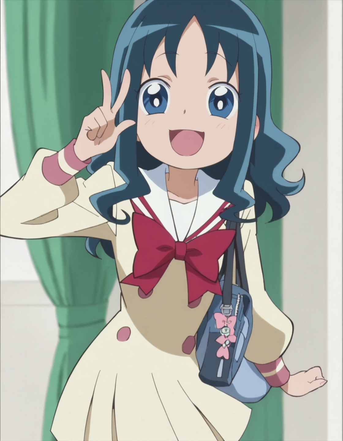 score_9, score_8_up, score_7_up, anime screencap, solo,1girl,kurumierika, school uniform,  open mouth, smile, bow,cowboy shot,small breasts,blush<lora:kurumierika:0.8>