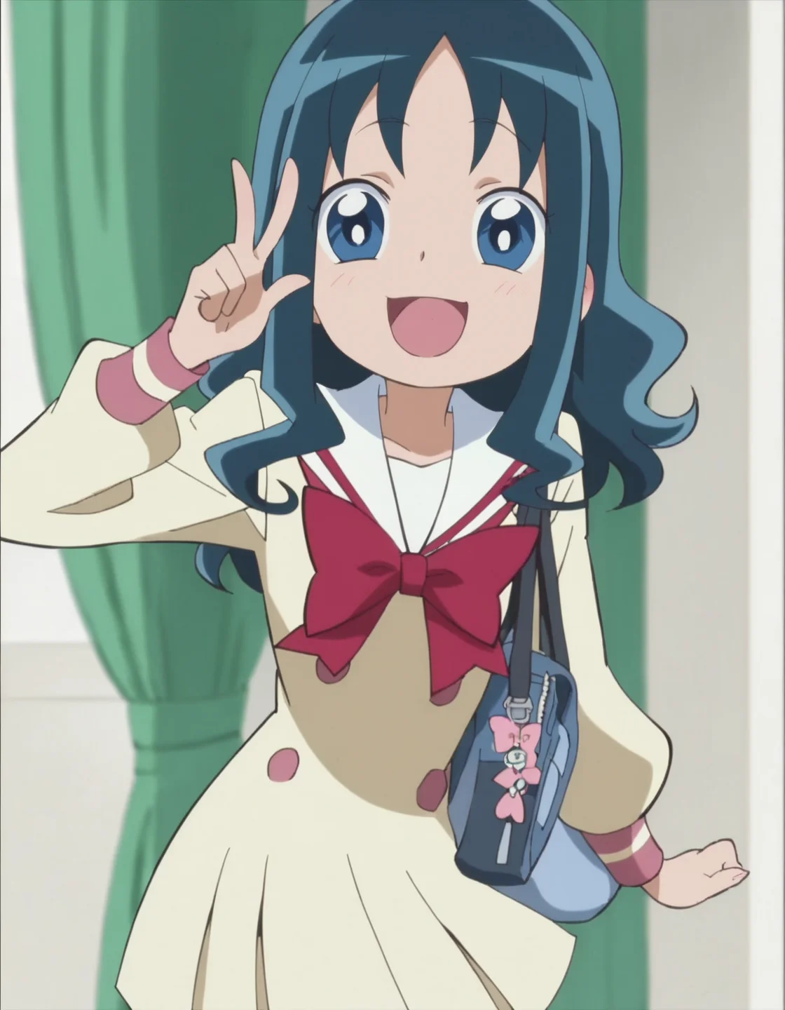 score_9, score_8_up, score_7_up, anime screencap, solo,1girl,kurumierika, school uniform, open mouth, smile, bow,cowboy shot,small breasts,blush<lora:kurumierika:0.8>
