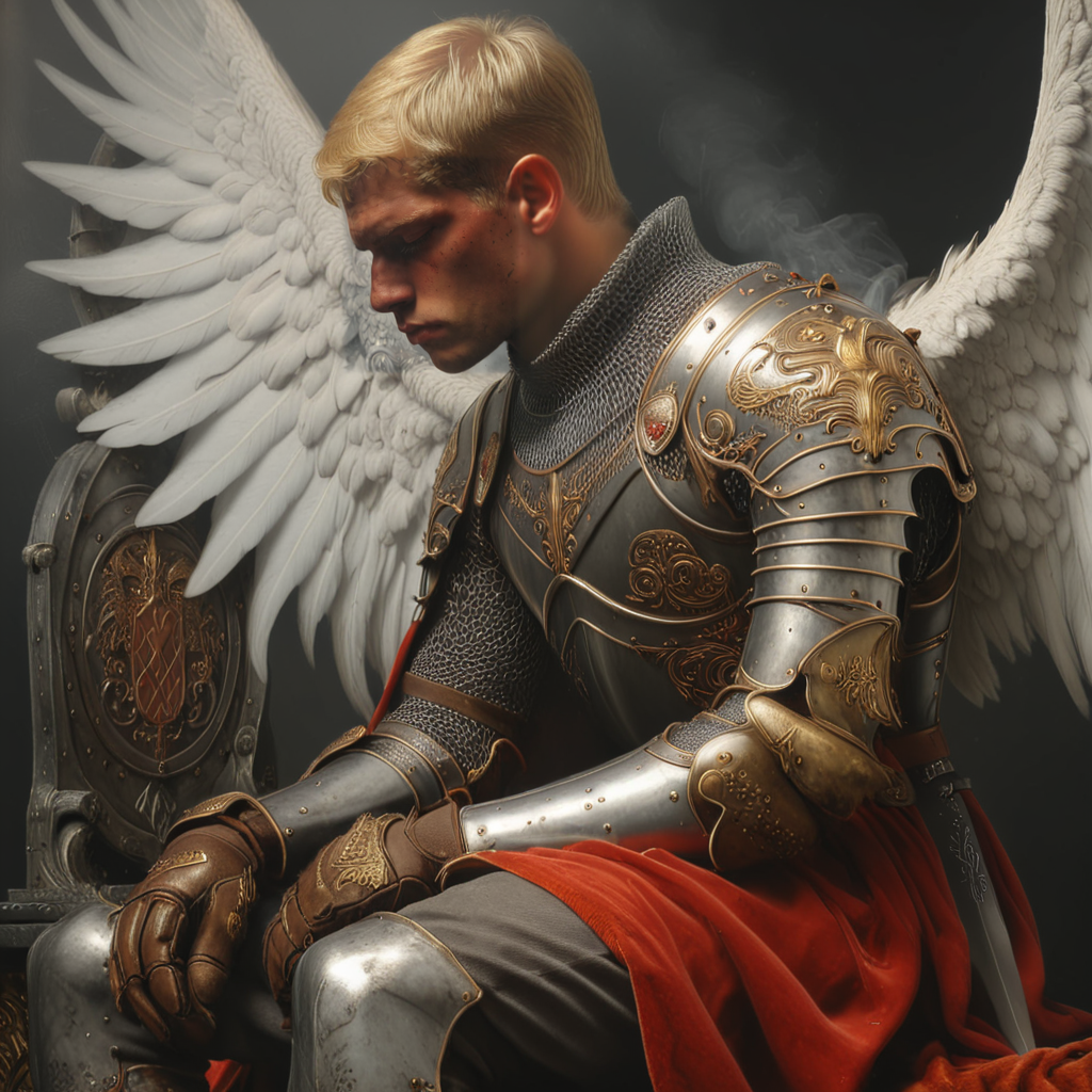 <lora:BaroqueFantasyRealismSDXL:1> Baroque Fantasy Realism, The image shows a young man dressed in a medieval-style armor with large wings. He is sitting on a throne-like structure with a sword in his hand and a shield on his chest. The armor is made of metal and has intricate designs and patterns on it. The man has blonde hair and is wearing a red robe with gold accents. He appears to be deep in thought with his eyes closed and his head resting on his hands. The background is dark and moody with a hint of smoke or fog. The overall mood of the image is somber and contemplative., solo, wings, armor, 1boy, male focus, weapon, gloves, holding, sword, profile