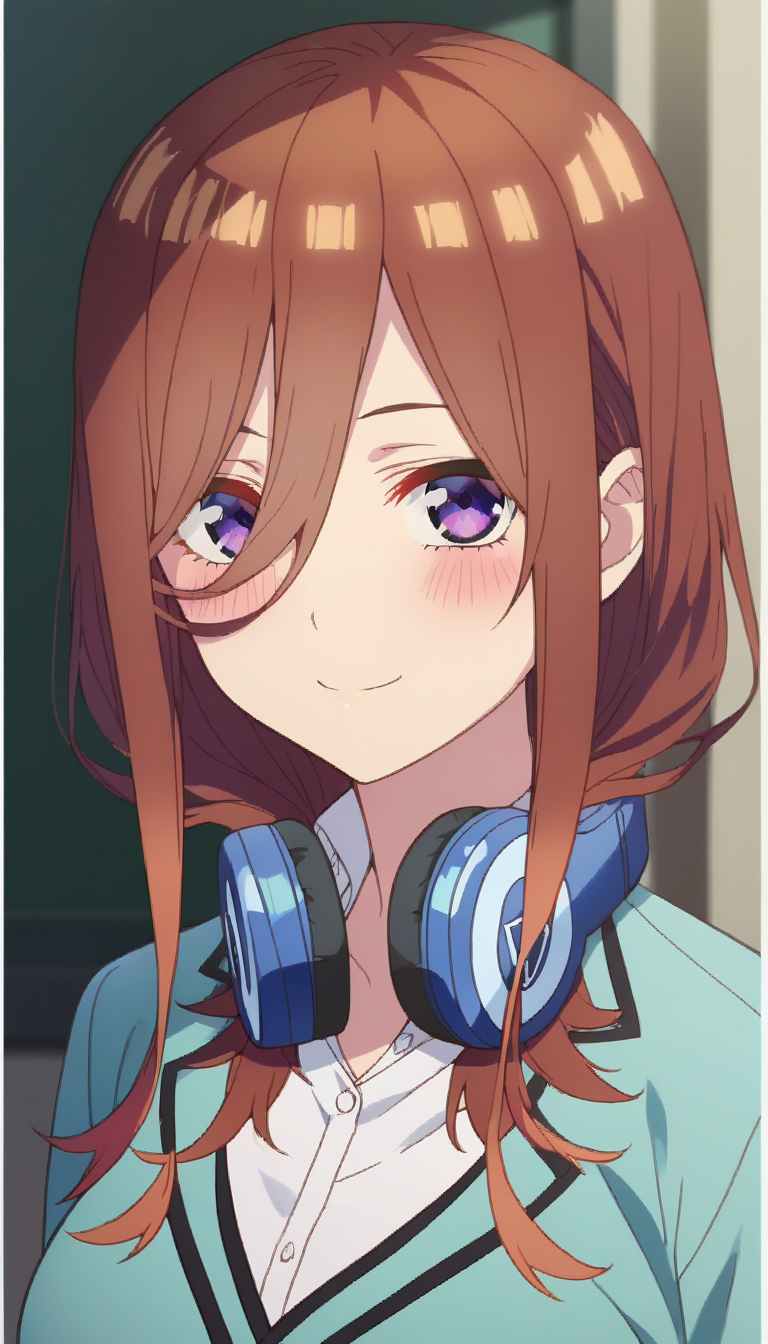 score_9,score_8_up,score_7_up,score_6_up BREAK official art,solo,outdoors,upper body,(portrait:1.5),looking at viewer,facing viewer,smile,blush,Nakano Miku,long hair,brown hair,shiny hair,hair between eyes,parted bangs,purple eyes,headphones around neck,school uniform,aqua cardigan,white shirt,collared shirt,large breasts,long sleeves,green skirt,pleated skirt,brown pantyhose,loafers,<lora:Nakano Miku(tqq)-Pony:1.6>,