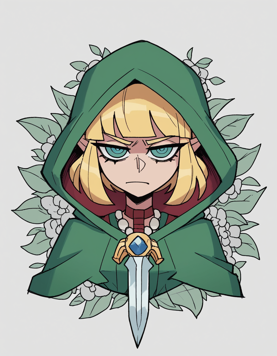 zPDXL, score_9, score_8_up, score_7_up, source_anime, 8k, absurdres, 
1girl, solo,  <lora:Vanitaker:1> vanitaker, Zelda, blonde hair, witch wearing Enchanted forest green gown with ivy detailing, sheer stockings, green heels, (hooded cowl draped over the head), ritual dagger, upper body, portrait,