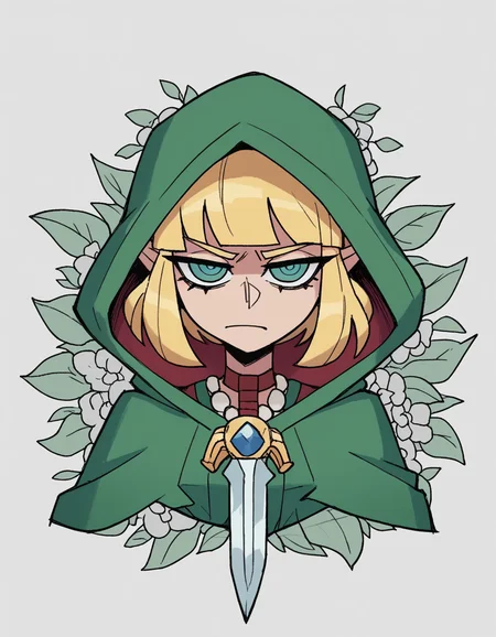 zPDXL, score_9, score_8_up, score_7_up, source_anime, 8k, absurdres,
1girl, solo, <lora:Vanitaker:1> vanitaker, Zelda, blonde hair, witch wearing Enchanted forest green gown with ivy detailing, sheer stockings, green heels, (hooded cowl draped over the head), ritual dagger, upper body, portrait,