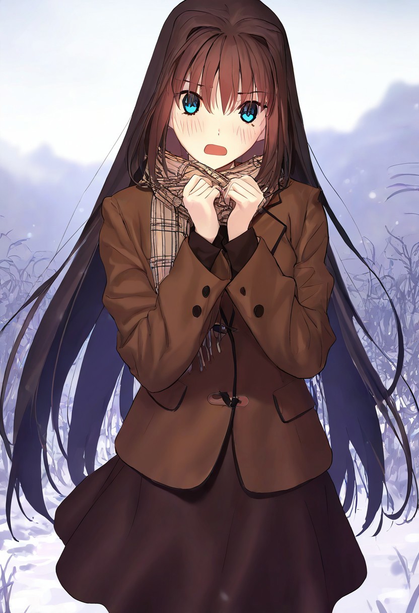 (masterpiece, best quality, newest, absurdres, highres, safe), newest, 1girl, aozaki aoko, mahou tsukai no yoru, koyama hirokazu, brown hair, very long hair, (blue eyes), scarf, cowboy shot, open mouth, looking at viewer, blush, embarrased, outdoors,