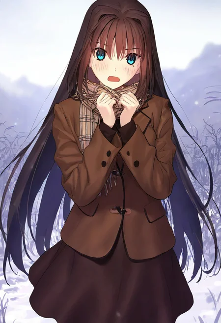 (masterpiece, best quality, newest, absurdres, highres, safe), newest, 1girl, aozaki aoko, mahou tsukai no yoru, koyama hirokazu, brown hair, very long hair, (blue eyes), scarf, cowboy shot, open mouth, looking at viewer, blush, embarrased, outdoors,