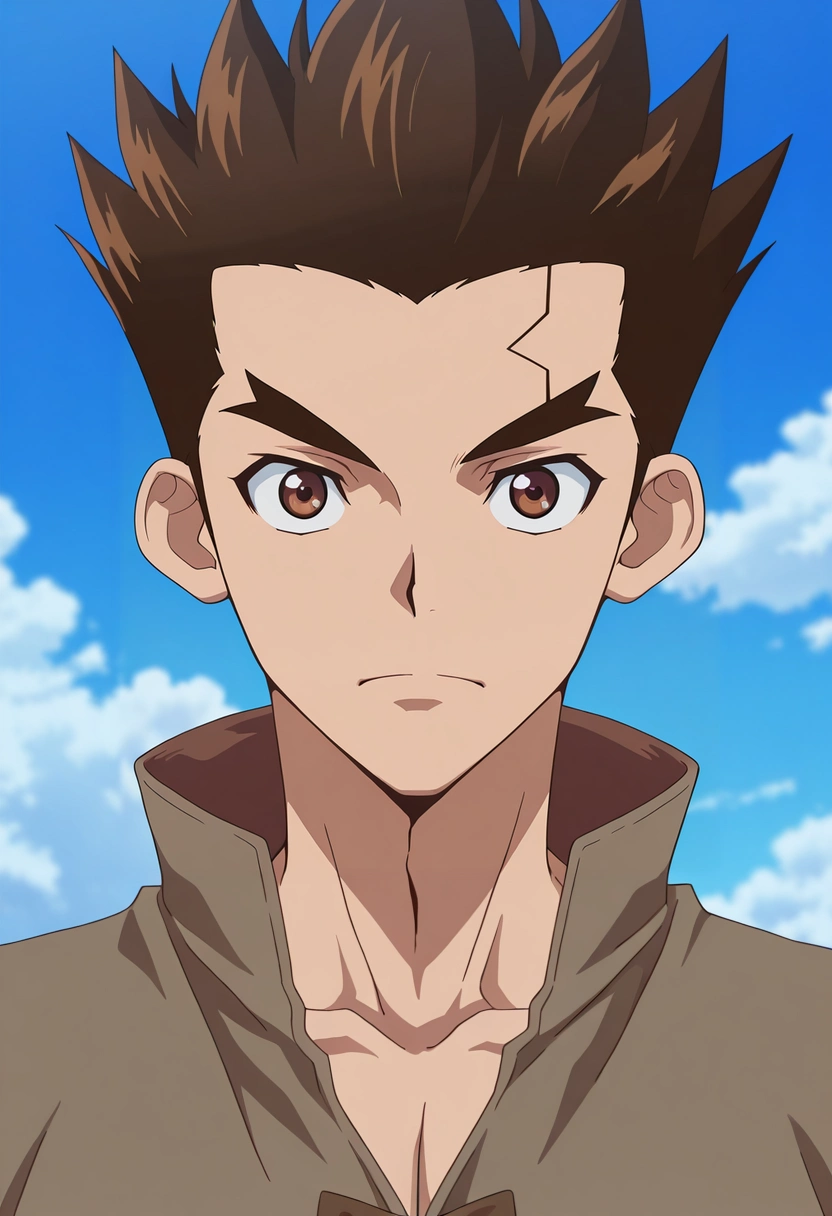 masterpiece, best quality, intricate details, anime screencap, anime coloring, official style, looking at viewer, 1boy, solo, male focus, <lora:taiju_ooki_ilxl:0.9>, taiju_ooki, brown hair, brown eyes, short hair, spiked hair, ,
