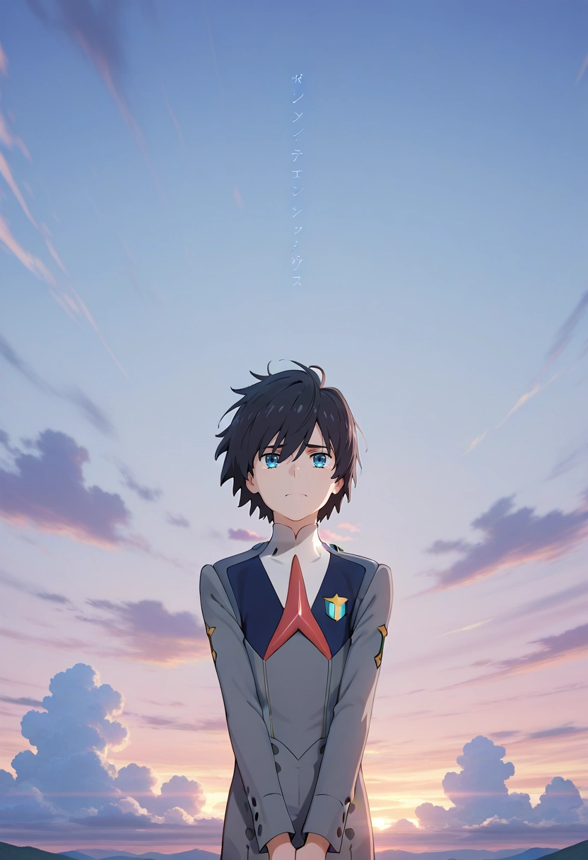 masterpiece, best quality, intricate details, (3d:0.4), , 1boy, solo, male focus, <lora:hiro_franxx_ilxl:0.9>, hiro_franxx, black hair, blue eyes, bangs, , focused, heaven, clouds, dusk, v arms, tearing up,