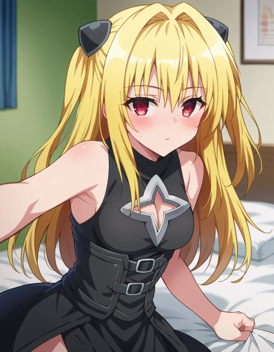 score_9, score_8_up, score_7_up, source_anime,
toloveruyami, <lora:golden-darkness-ponyxl-lora-nochekaiser:1>,
yami, yellow hair, long hair, red eyes, hair ornament, two side up,
sleeveless, detached sleeves, dress, black dress, black skirt, clothing cutout, cleavage cutout,
indoors, bed, bed room, on side, blush, drunk,
looking at viewer, cowboy shot, dutch angle, dynamic pose,