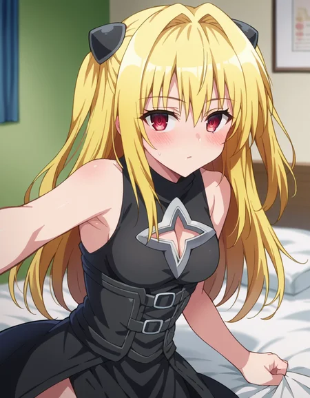 score_9, score_8_up, score_7_up, source_anime,
toloveruyami, <lora:golden-darkness-ponyxl-lora-nochekaiser:1>,
yami, yellow hair, long hair, red eyes, hair ornament, two side up,
sleeveless, detached sleeves, dress, black dress, black skirt, clothing cutout, cleavage cutout,
indoors, bed, bed room, on side, blush, drunk,
looking at viewer, cowboy shot, dutch angle, dynamic pose,