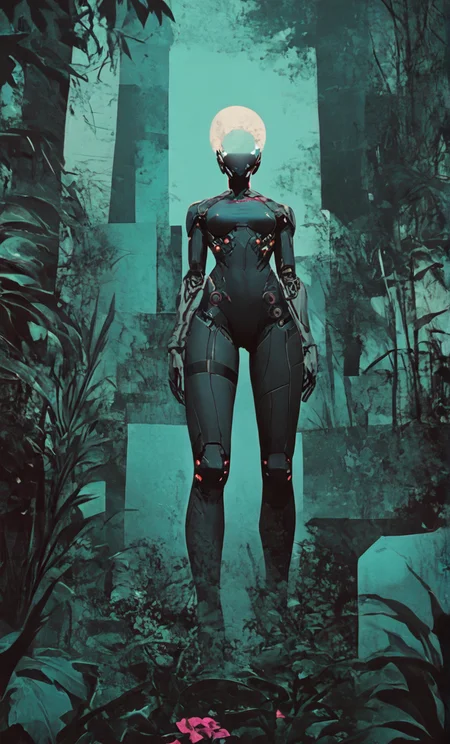 score_9, score_8_up, score_7_up, extremally detailed and hyper-realistic cyberpunk ilustration of close up of beautiful bluebot cyborg girl, hiding in jungle during brutal total war with her heavy gun in hands. orange and black robotic body suit. sci fi theme, best quality, soft light, sharp shadows, anime ink lines, full body shot, ((from below)),
<lora:comicbookpage style:0.9> <lora:g4n1m3XLP:0.4> <lora:Cyberpunk _Anime_V2_light_version-SDXL:1> <lora:Sinozick_Style_XL_Pony:0.6> <lora:100_nvcmsdx_a:2.5>