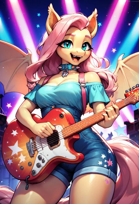 core_9, score_8_up, score_7_up, score_5_up, source_anime, (masterpiece, best quality, ultra-detailed), anthro pony, Fluttershy, rockstar performance, perfect hands, holding an electric guitar, singing passionately, dynamic pose, pastel-pink hair glowing in stage lights, expressive blue eyes, spiked collar, bat-like wings, vibrant concert stage, dramatic spotlight, neon lighting, energetic atmosphere, motion and energy.
