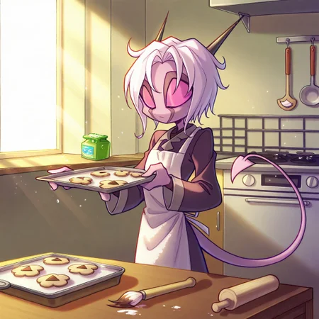 score_9, score_8_up, score_7_up,namah_calah,
1girl,solo,furry,tail, source_furry,horns,
,<lora:namah_calah_illustrious:0.8>,
child, kid,
clay, rolling_pin, cookie_cutter, paintbrush, acrylic_paint, table, apron, oven_tray, ribbon, beads, sunlight, towel
Scene: A sunny kitchen table where someone rolls out soft clay with a tiny rolling pin, pressing a flower-shaped cookie cutter into it to form a pin. A paintbrush adds pastel colors, an oven tray waits to bake the piece, and a towel wipes sticky fingers. Beads and a ribbon lie ready to thread through, sunlight glints off the wet clay, and the little creation looks ready to bloom into a cute accessory