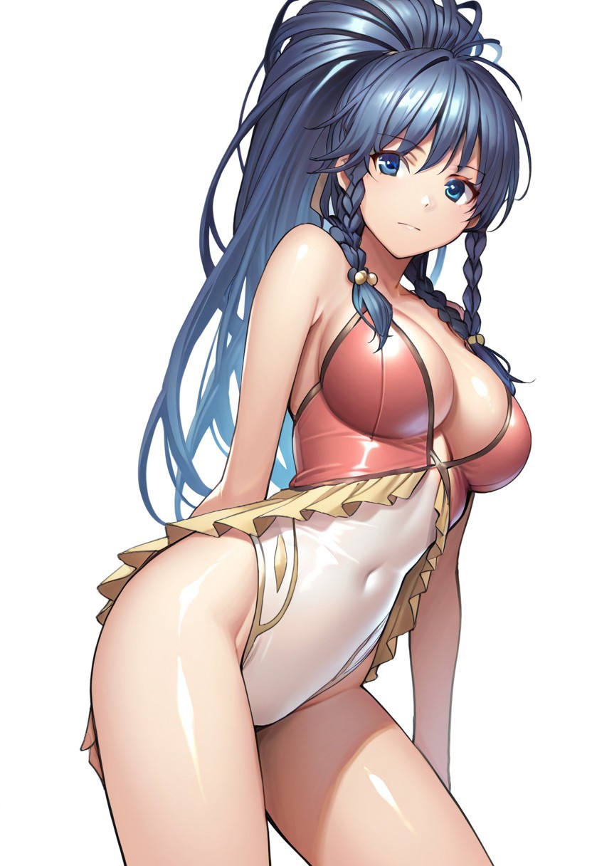 masterpiece, best quality, crimsonj-girl.fightil, 
  1girl, TanaSummer, long hair, blue hair, twin braids, ponytail, blue eyes, one-piece swimsuit, large breasts,
beachkperfect anatomy