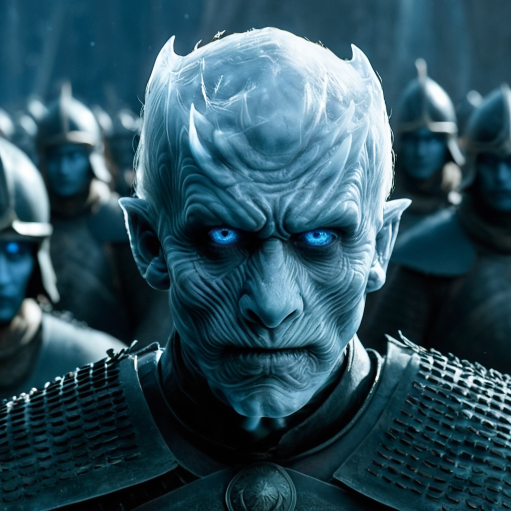 cinematic film still of  <lora:Game of Thrones style:1>
In medieval times Night King White Walker a frozen man with a sword in a crowd of people,solo,looking at viewer,smile,blue eyes,1boy,upper body,weapon,male focus,armor,glowing,helmet,shoulder armor,glowing eyes,blue theme,japanese armor,skeleton,samurai,kabuto (helmet) , cinematic, film, movie still, movie style, film style, fantasy drama, epic drama, dramatic light, dramatic shadow, fictional, Age of Wonders, Age of Empires, warriors,  Medieval style, middle ages, dungeons and dragons style, contrast, color, different people, different, unique, kingdoms and castles style, violent, aggressive, detailed, perfection, detailed face, detailed body, detailed hands, detailed eyes, sharp, Game of Thrones style, shallow depth of field, vignette, highly detailed, high budget, bokeh, cinemascope, moody, epic, gorgeous, film grain, grainy