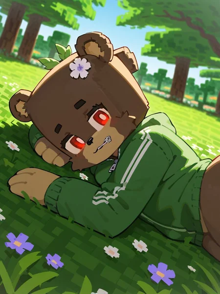 minecraft, score_9_up, score_8_up, furry female, bia, flower in hair, zipper mouth, teddy bear, solo, red eyes, forest green jersey, lying, from side, blue and red background gradient, <lora:y-Bia_SlipperyT:0.8>, ((art by Bittenhard))