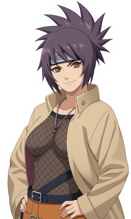 score_9,score_8_up,score_7_up, game cg,
upper body, hand on hip,
ankomitarashire, 1girl, solo, looking at viewer, brown eyes, purple hair, ponytail, forehead protector, konohagakure symbol, fishnet bodysuit, necklace, brown coat,
orange skirt, belt,
large breasts,
smile, closed mouth,
white background,simple background,perfect lighting, shadow,
<lora:Naruto_AnkoMitarashi_RE_v2_PXL-000013:1>