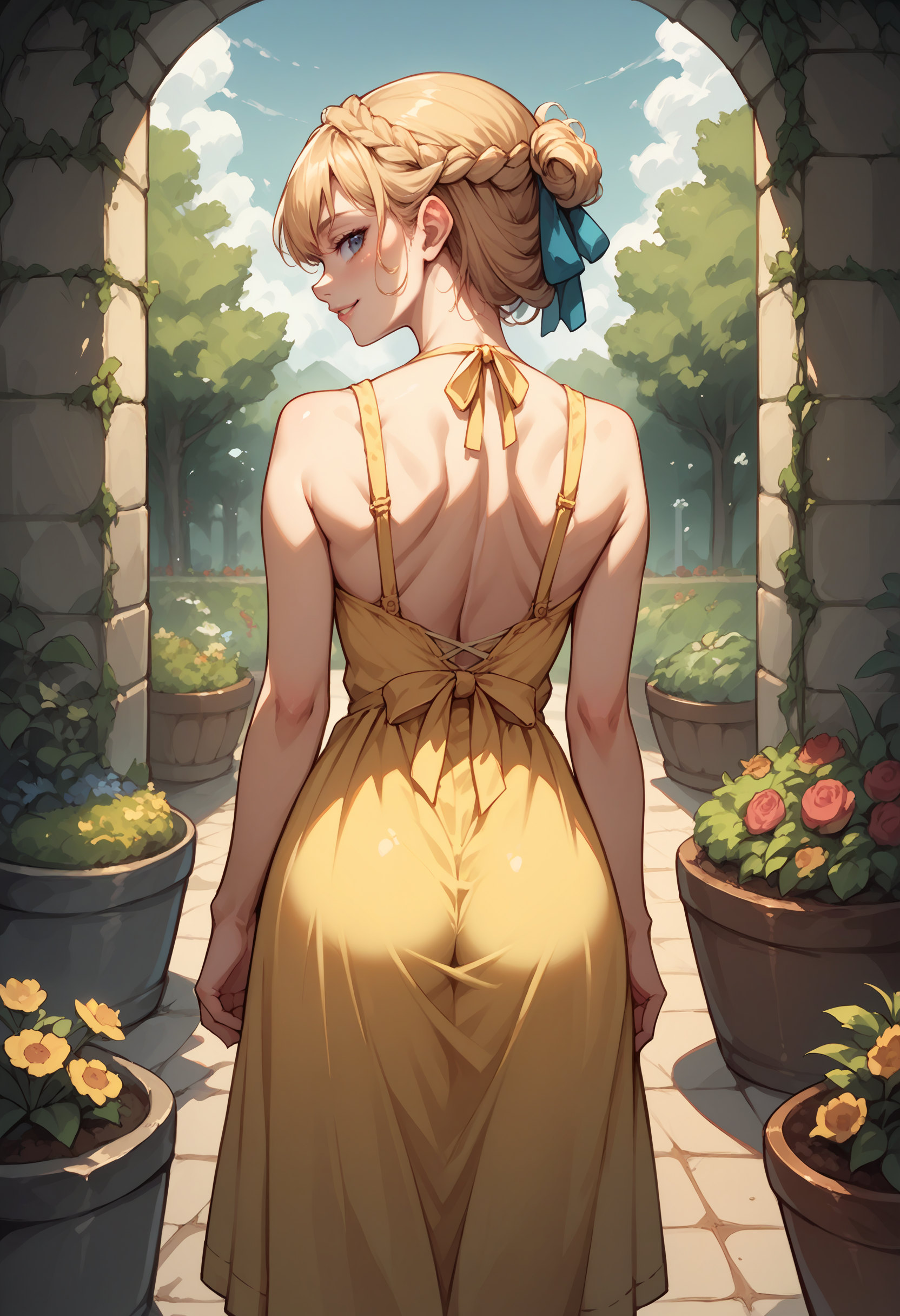 score_9,score_8_up,score_7_up,detailed,1girl,mxmarina, french braid, half updo, hair ribbon,from behind,garden,yellow sundress,looking back,seductive smile <lora:mxmarina:0.8>