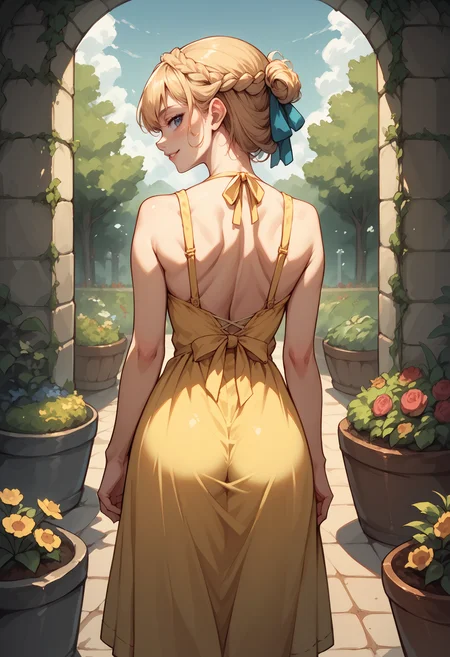 score_9,score_8_up,score_7_up,detailed,1girl,mxmarina, french braid, half updo, hair ribbon,from behind,garden,yellow sundress,looking back,seductive smile <lora:mxmarina:0.8>