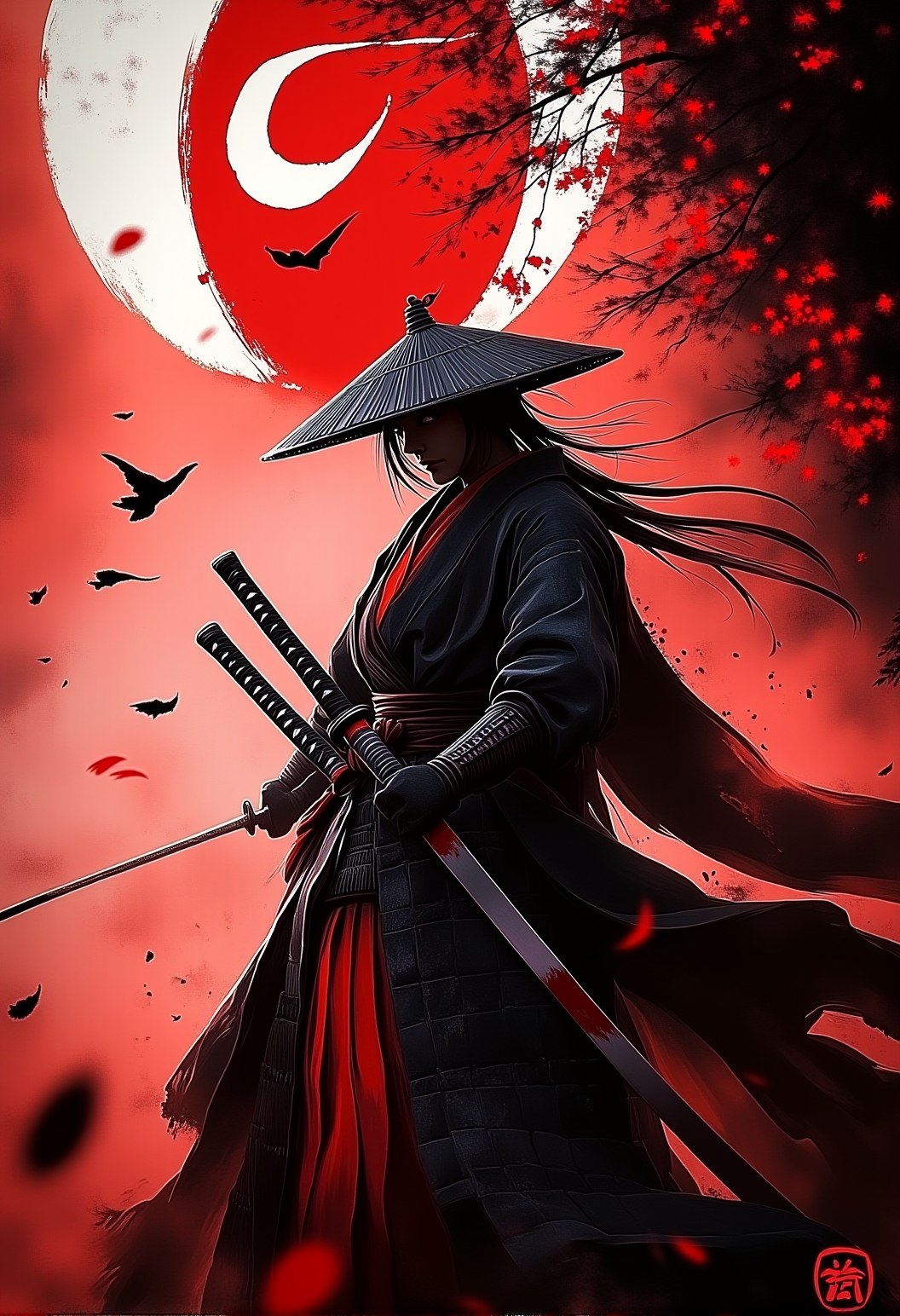 . A medium shot of a female Samurai holding a flag with their clanâs symbol surrounded by cherry blossoms with reflective katana blade and dramatic shadows from a sunset., <lora:bv-crimson-ronin-style-v1.safetensors:1.0:1.0>