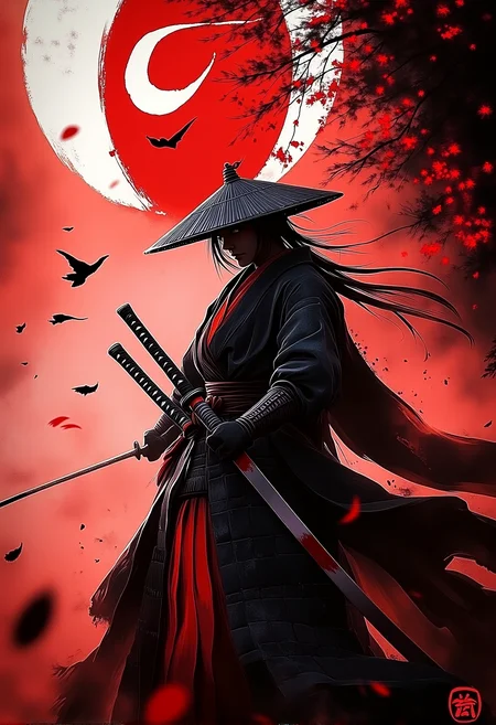 . A medium shot of a female Samurai holding a flag with their clanâs symbol surrounded by cherry blossoms with reflective katana blade and dramatic shadows from a sunset., <lora:bv-crimson-ronin-style-v1.safetensors:1.0:1.0>