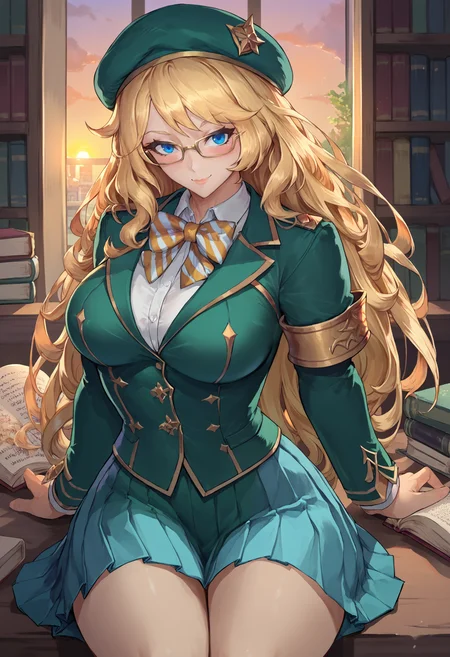 score_9, score_8_up, score_7_up, <lora:freykrV2-ponyxl-beta1-09:1>, FreyKR, long hair, breasts, blonde hair, blue eyes, large breasts, green blazer, yellow beret, bowtie, striped bowtie, collared shirt, pleated skirt, sitting, reading book, library, rectangular eyewear, school uniform, at sunset, classroom, sitting, on desk, bookshelf, light smile, looking down, gold trim, armband, looking at viewer, holding book, two-handed,